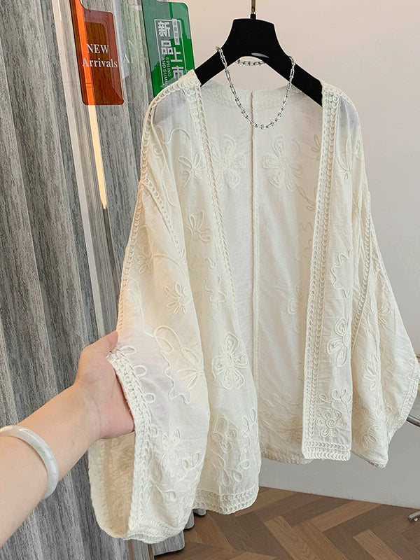 Áo Khoác Cardigan Cotton Thêu Tay Bồng Dáng Dài – Chống Nắng Freesize, Hè 2026