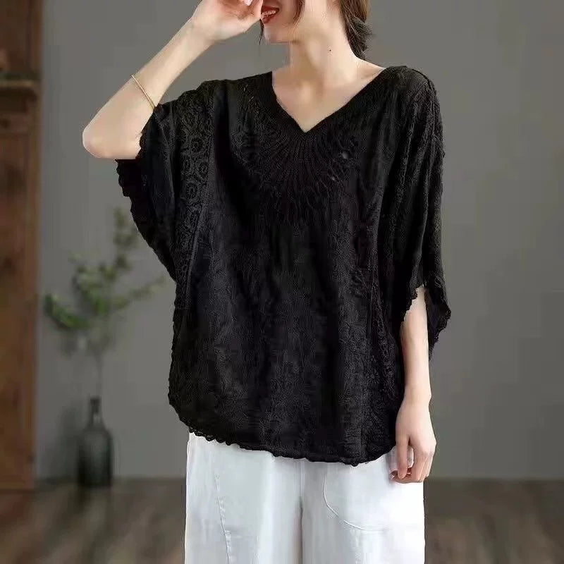 Áo Khoác Móc Hoa Cotton Tay Dơi – Dáng Rộng Thoáng Mát Freesize, Hè 2026