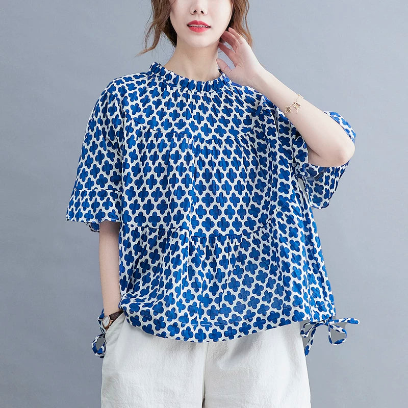 Áo Blouse In Họa Tiết Rút Dây Tay Ngắn – Dáng Rộng Che Bụng Bigsize