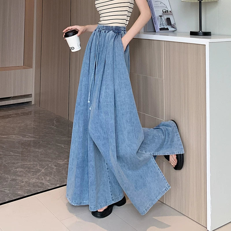 Quần Jean Ống Rộng Cạp Chun Dáng Dài Xẻ Tà – Wash Vintage Bigsize, Hè 2026