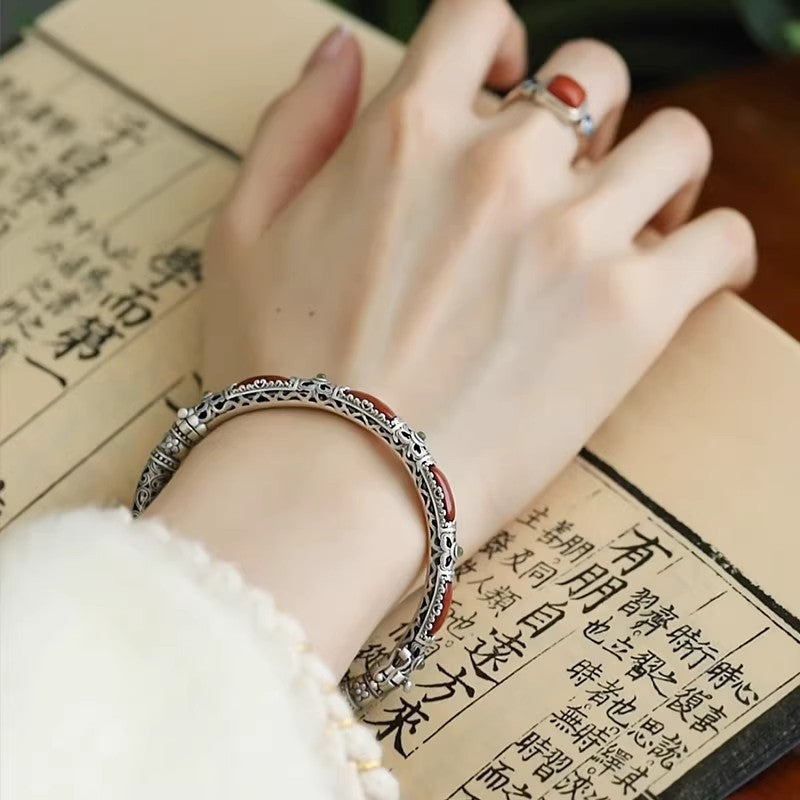 Vòng Tay Bạc 925 Đá Nam Hồng Thiết Kế Rỗng Mở – Phong Cách Trung Hoa Cổ Điển