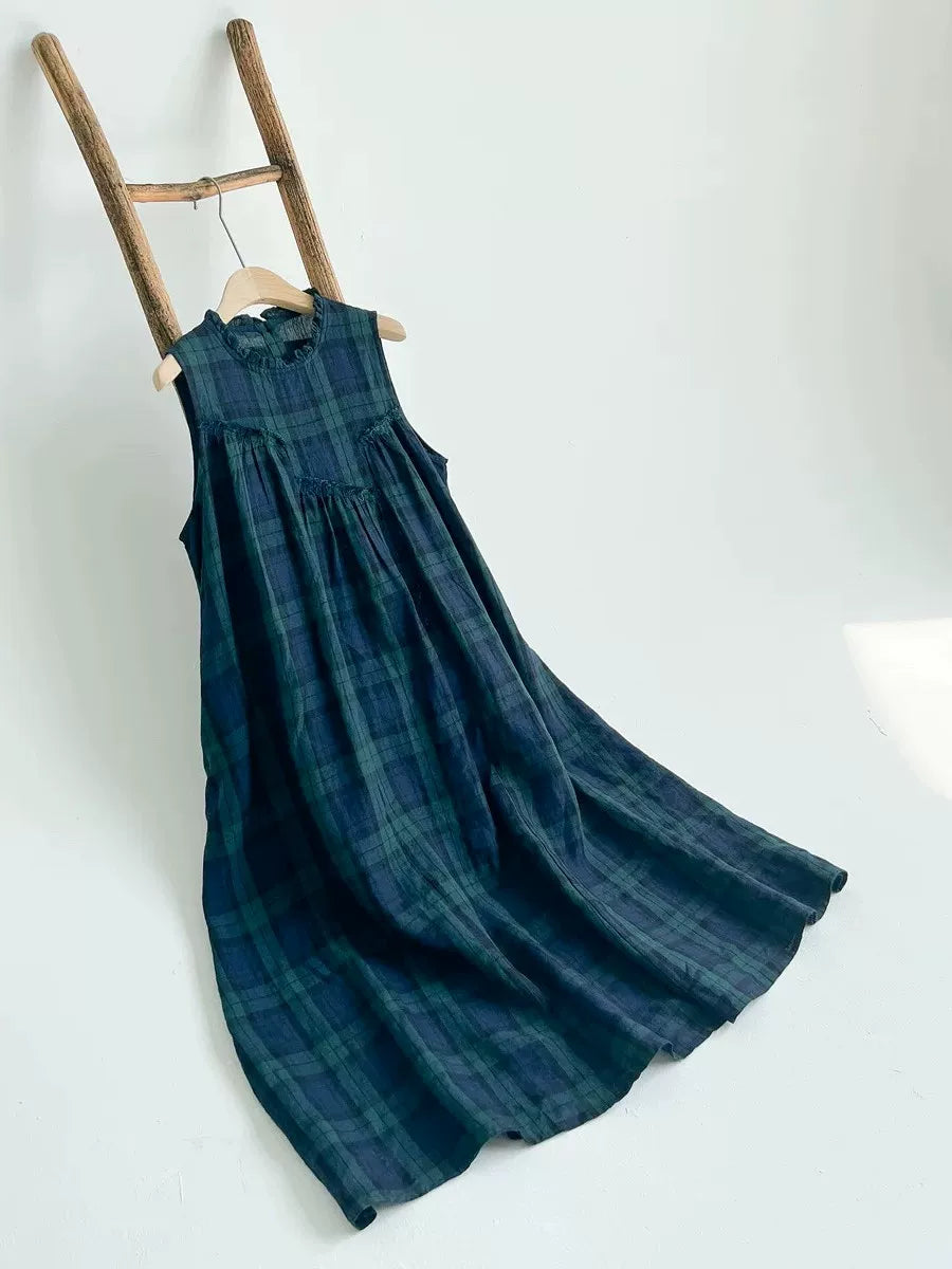 Đầm Sát Nách Cotton Linen Kẻ Caro Phối Bèo – Dáng Dài Bigsize, Hè 2026