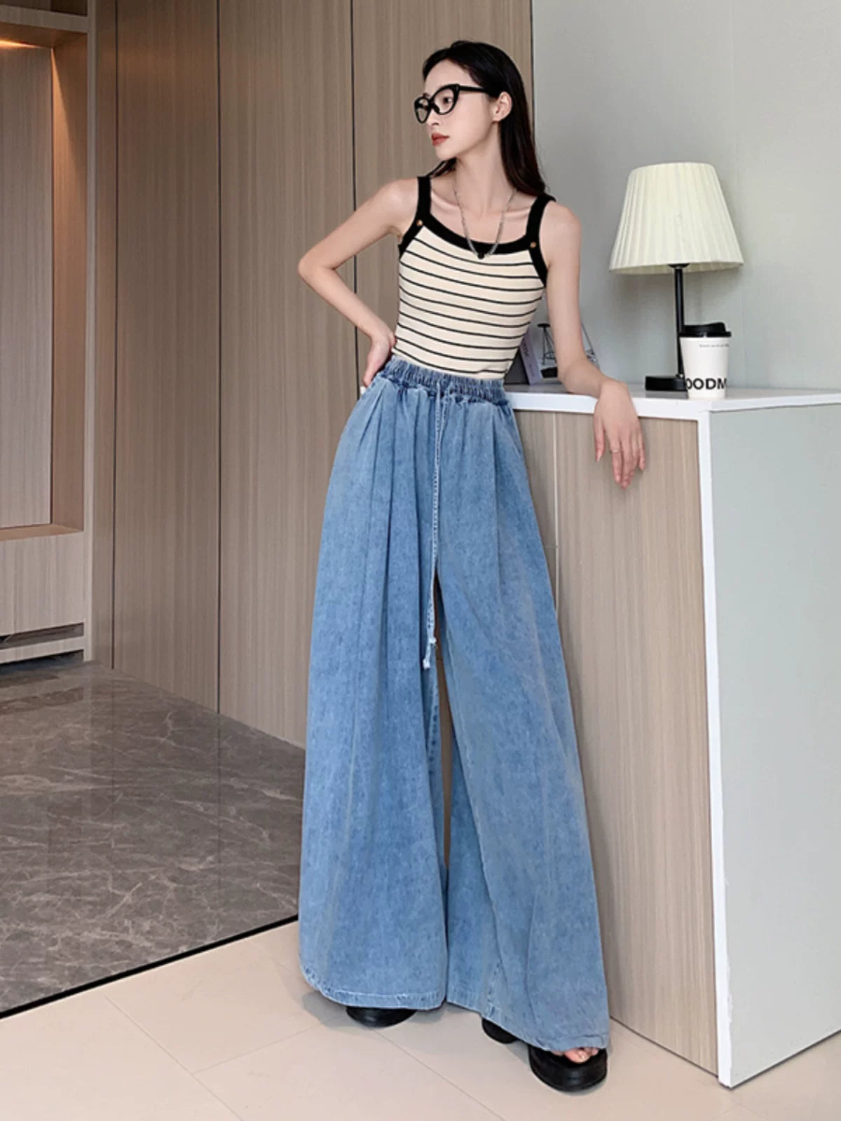 Quần Jean Ống Rộng Cạp Chun Dáng Dài Xẻ Tà – Wash Vintage Bigsize, Hè 2026