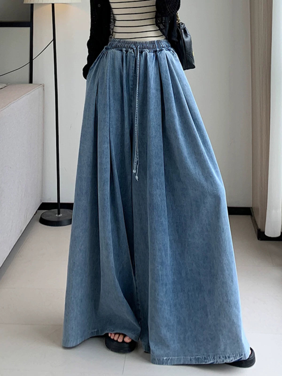 Quần Jean Ống Rộng Cạp Chun Dáng Dài Xẻ Tà – Wash Vintage Bigsize, Hè 2026