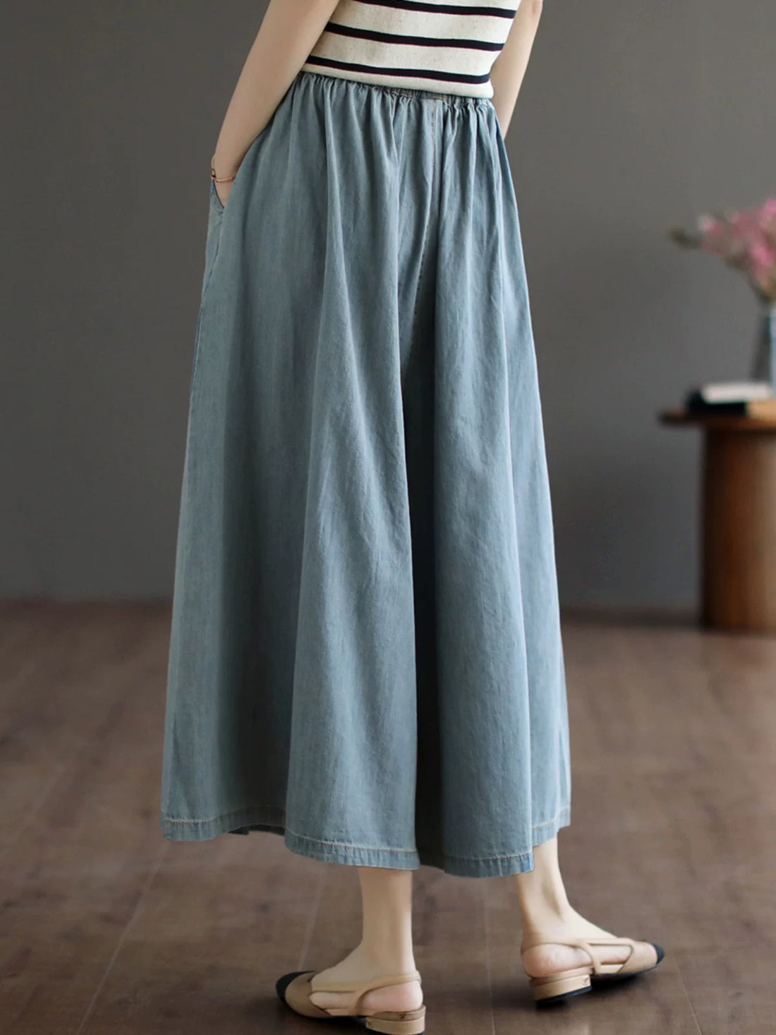 Quần Váy Jean Culottes Cạp Chun Ống Rộng – Retro Bigsize Tôn Dáng, Hè 2026