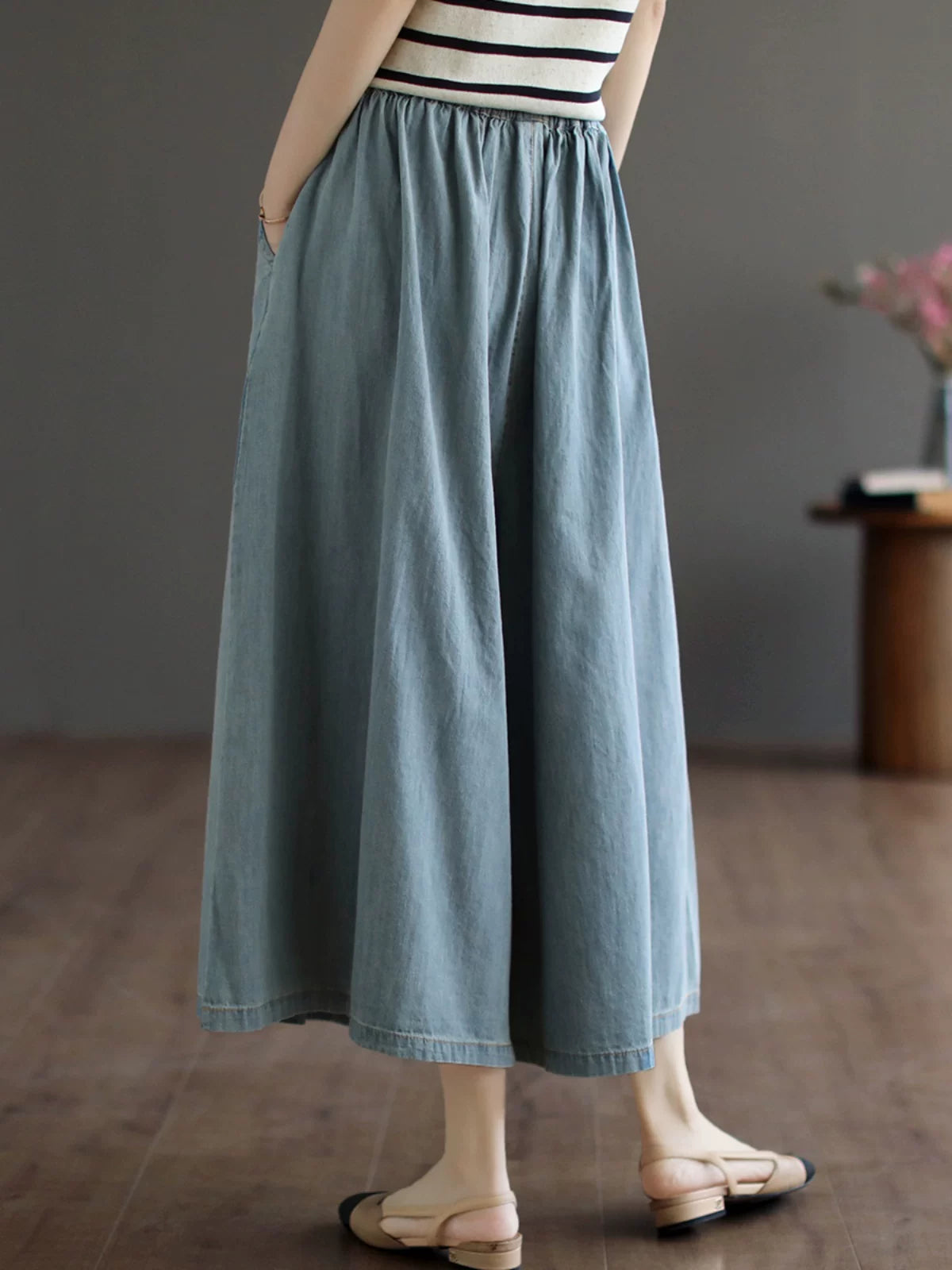 Quần Váy Jean Culottes Cạp Chun Ống Rộng – Retro Bigsize Tôn Dáng, Hè 2026