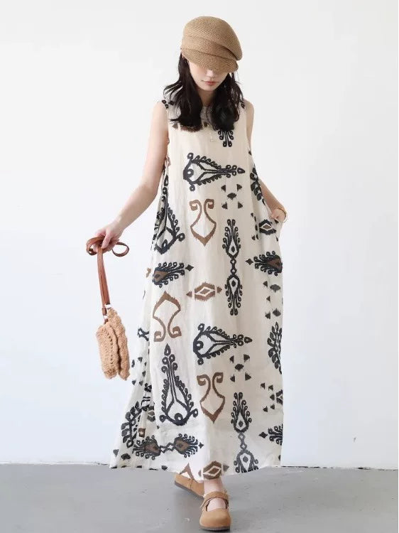 Đầm Sát Nách Cotton Linen In Hoa Thắt Eo – Dáng Xòe Đi Biển, Hè 2026