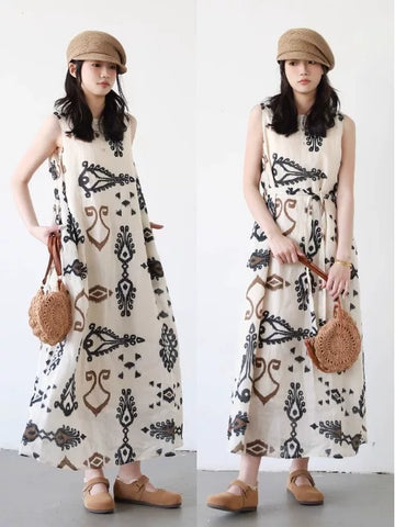 Đầm Sát Nách Cotton Linen In Hoa Thắt Eo – Dáng Xòe Đi Biển, Hè 2026
