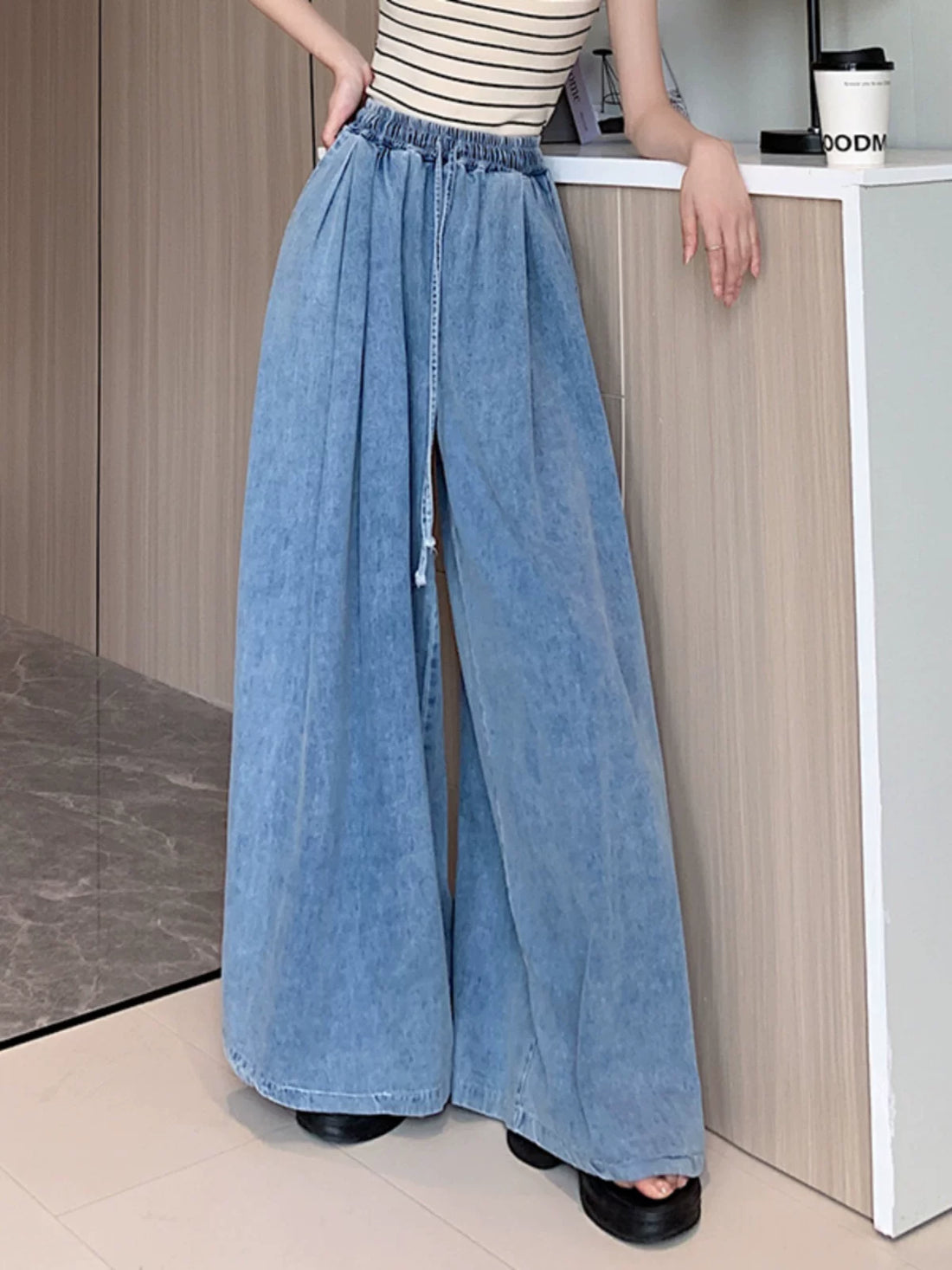 Quần Jean Ống Rộng Cạp Chun Dáng Dài Xẻ Tà – Wash Vintage Bigsize, Hè 2026