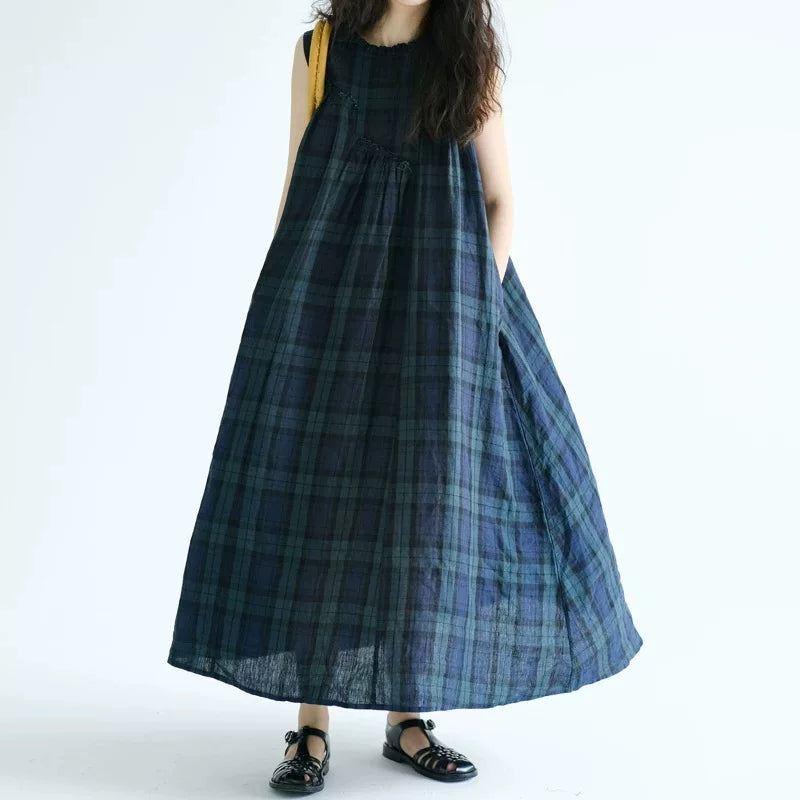 Đầm Sát Nách Cotton Linen Kẻ Caro Phối Bèo – Dáng Dài Bigsize, Hè 2026