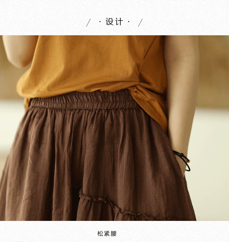 비대칭 A라인 이중 코튼 린넨 스커트 - 예술적인 스타일, 몸매 보정