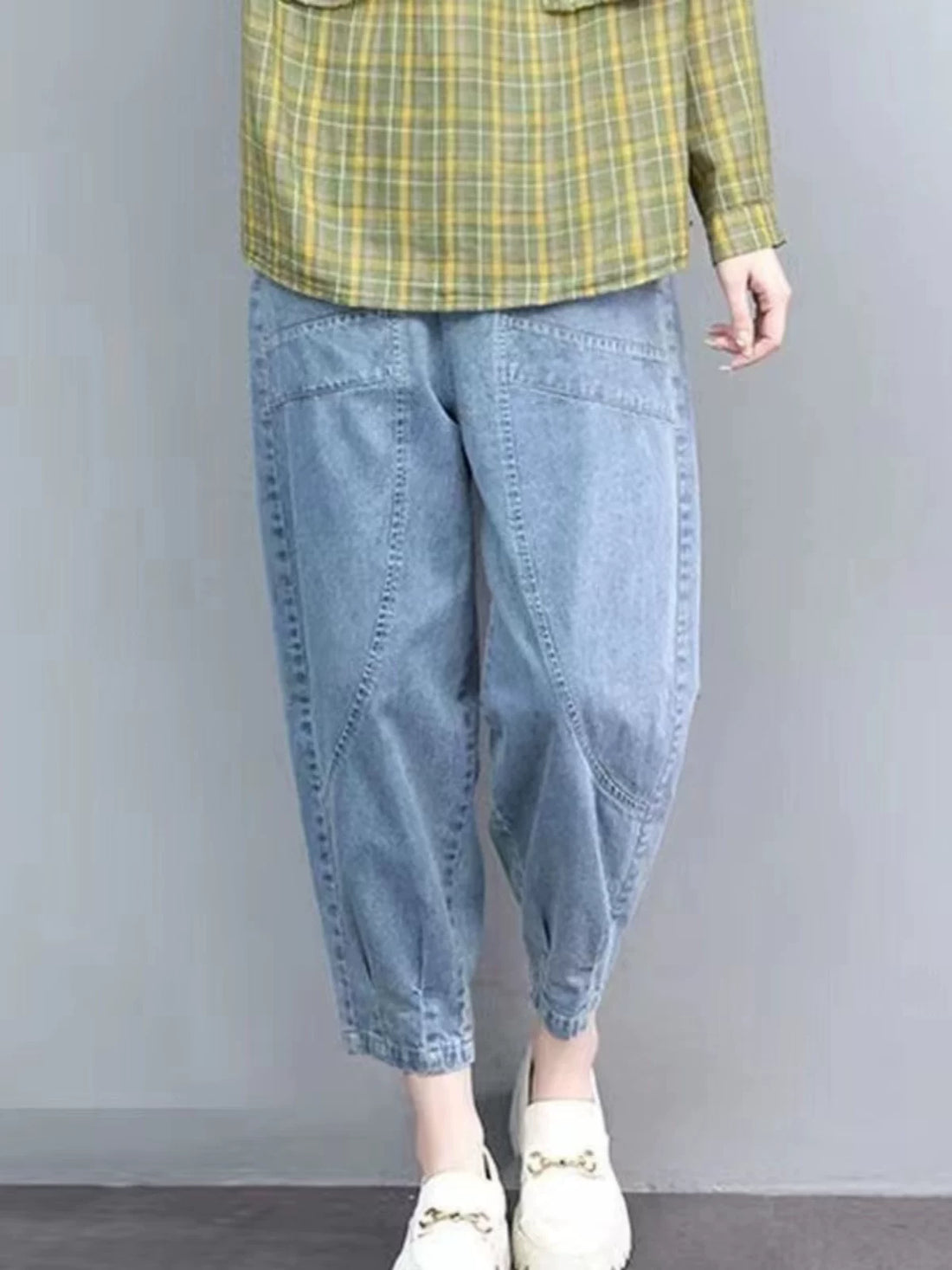 Quần Jean Lửng Cạp Cao Dáng Harem Rộng – Bigsize Tôn Dáng, Hè 2026
