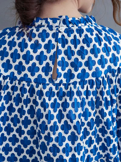 Áo Blouse In Họa Tiết Rút Dây Tay Ngắn – Dáng Rộng Che Bụng Bigsize