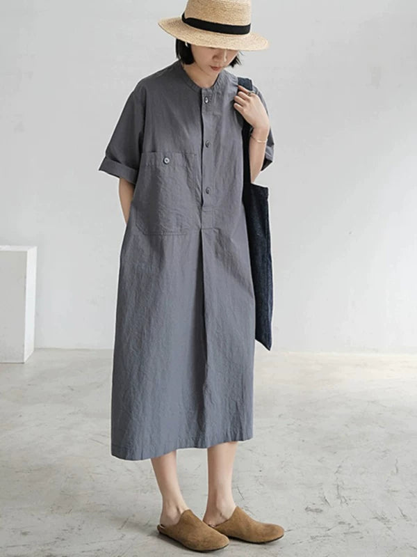 Đầm Sơ Mi Cotton Linen Dáng Dài Túi Hộp – Tay Ngắn Dáng Rộng, Hè 2026
