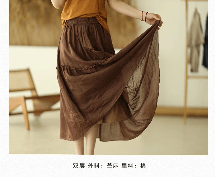 비대칭 A라인 이중 코튼 린넨 스커트 - 예술적인 스타일, 몸매 보정