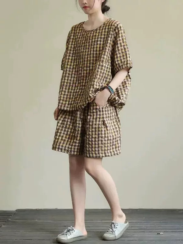 Set 2 Món Áo Thun Kẻ Caro + Quần Short Cotton – Bigsize Retro Nghệ Thuật, Hè 2026