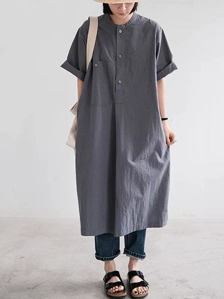 Đầm Sơ Mi Cotton Linen Dáng Dài Túi Hộp – Tay Ngắn Dáng Rộng, Hè 2026