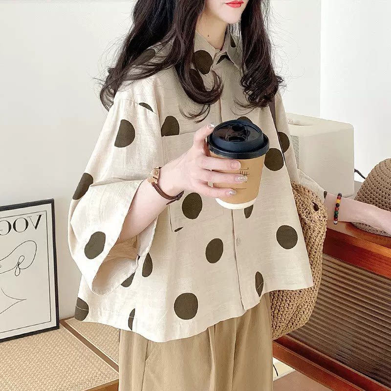 Áo Sơ Mi Cotton Linen Chấm Bi Tay Ngắn – Dáng Rộng Nhật Hàn Bigsize, Hè 2026