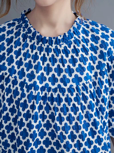 Áo Blouse In Họa Tiết Rút Dây Tay Ngắn – Dáng Rộng Che Bụng Bigsize