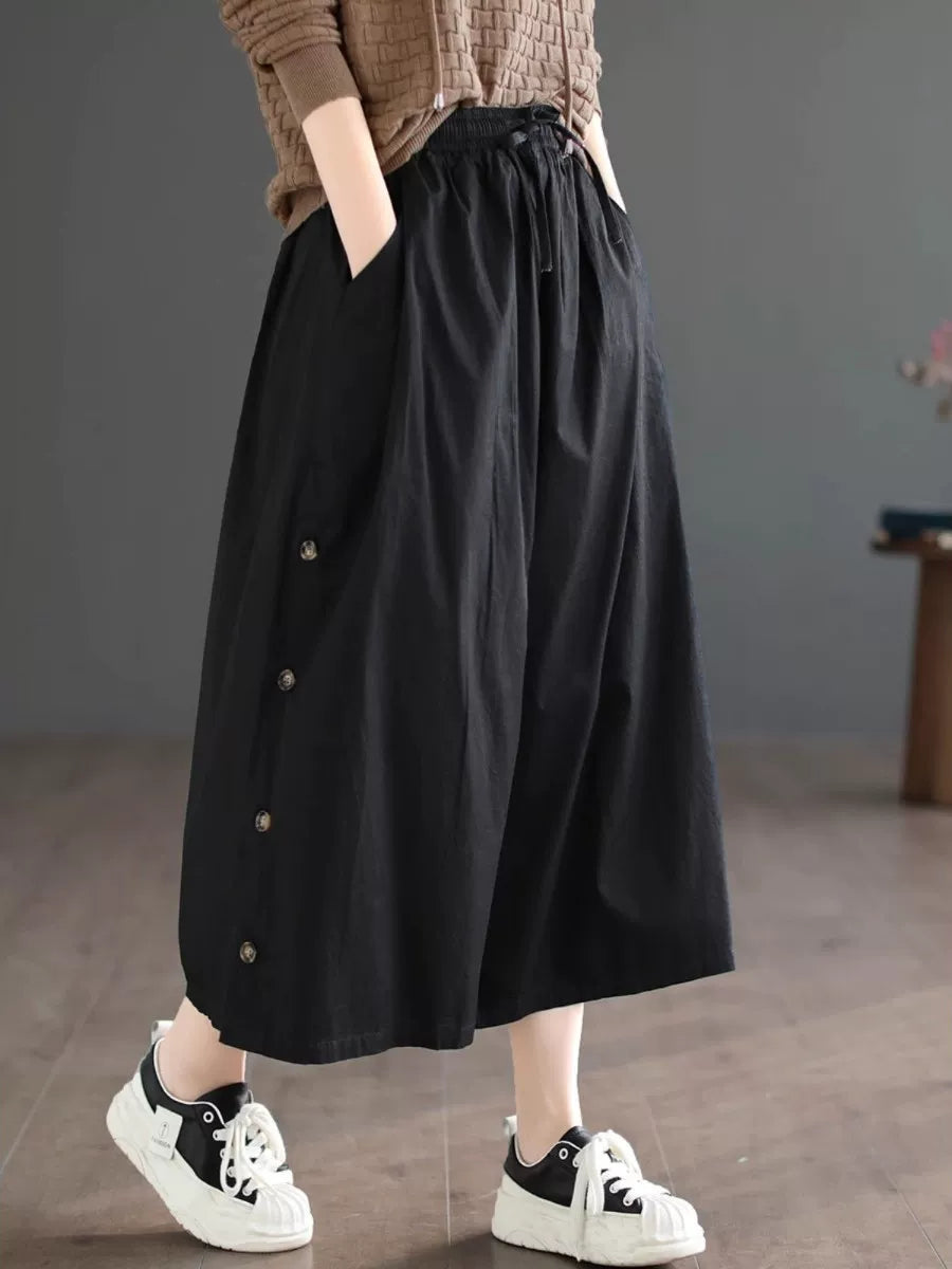 Quần Váy Cotton Ống Rộng Cạp Chun Buộc Dây – Màu Trơn Dáng Lửng, Hè 2026