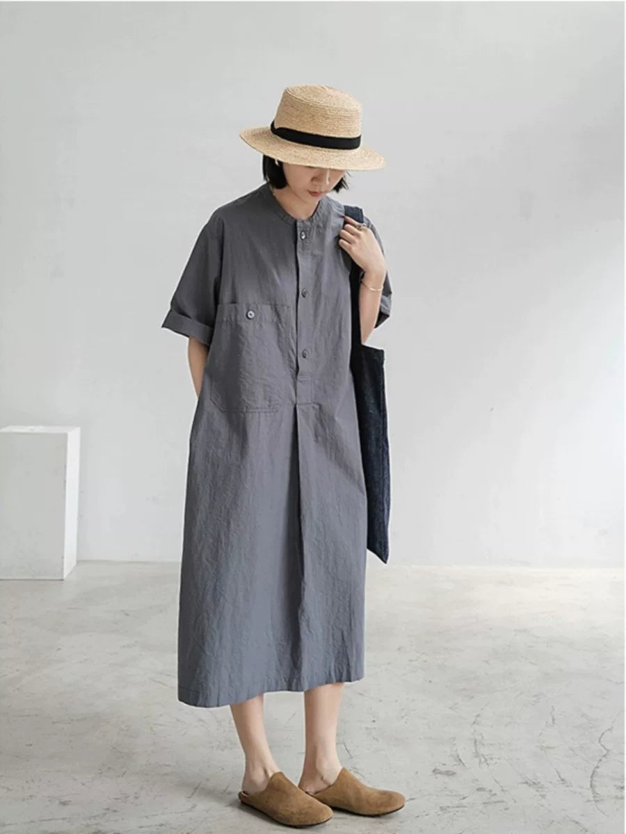 Đầm Sơ Mi Cotton Linen Dáng Dài Túi Hộp – Tay Ngắn Dáng Rộng, Hè 2026