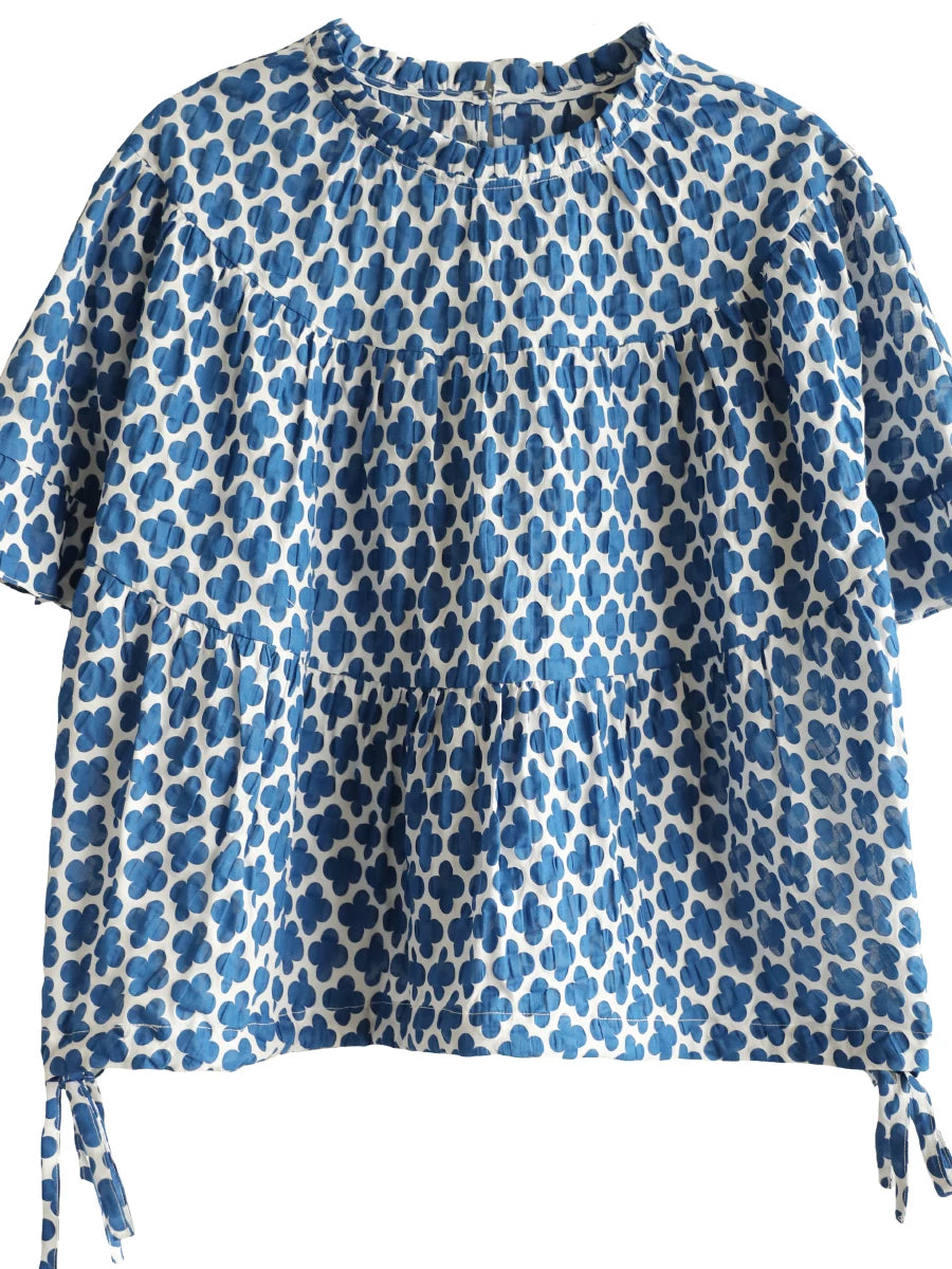 Áo Blouse In Họa Tiết Rút Dây Tay Ngắn – Dáng Rộng Che Bụng Bigsize