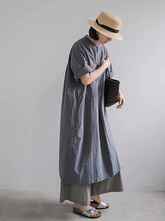 Đầm Sơ Mi Cotton Linen Dáng Dài Túi Hộp – Tay Ngắn Dáng Rộng, Hè 2026
