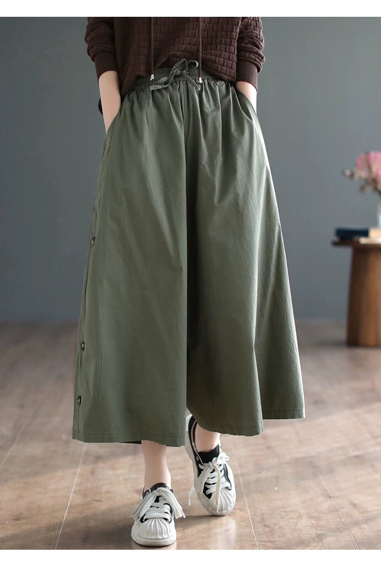 Quần Váy Cotton Ống Rộng Cạp Chun Buộc Dây – Màu Trơn Dáng Lửng, Hè 2026