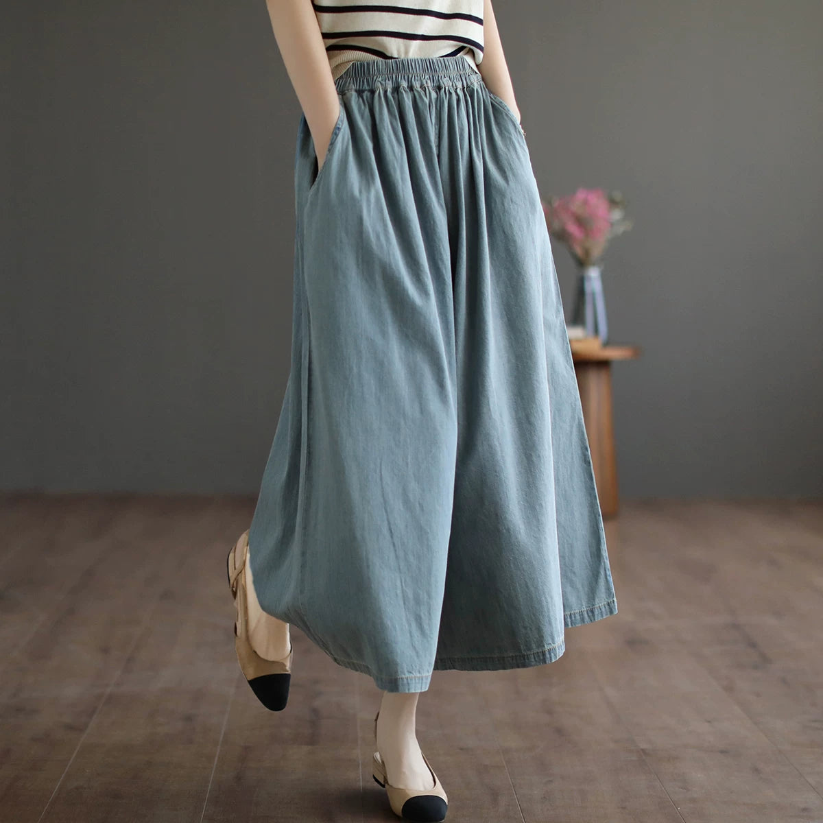 Quần Váy Jean Culottes Cạp Chun Ống Rộng – Retro Bigsize Tôn Dáng, Hè 2026
