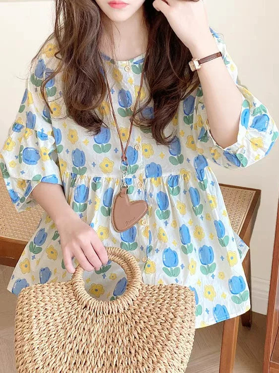 Áo Babydoll Cổ Tròn Tay Bồng Chấm Bi Hoa – Dáng Rộng Ngọt Ngào Hàn Quốc, Hè 2026