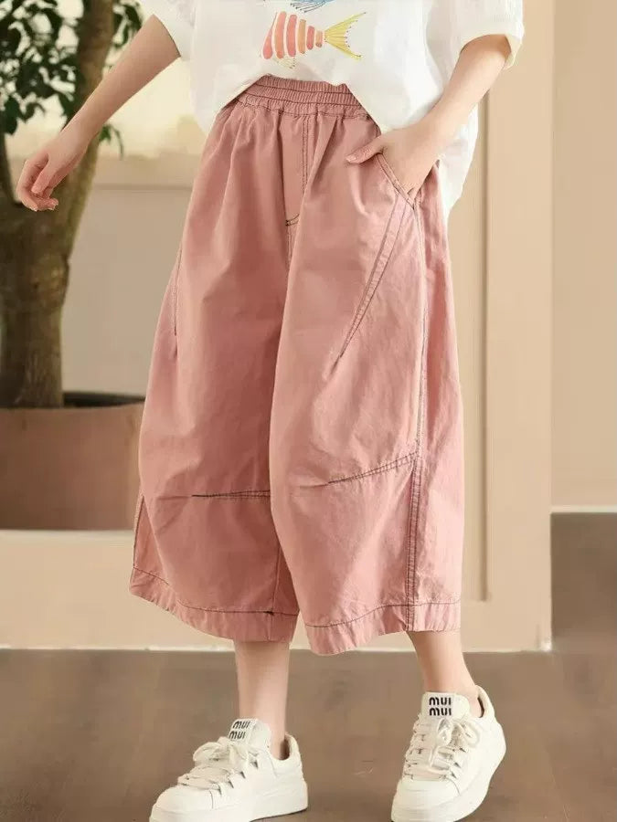 Quần Vải Cotton Ống Rộng Cạp Chun 7 Phân – Phối Khối Chỉ Nổi Tôn Dáng, Hè 2026