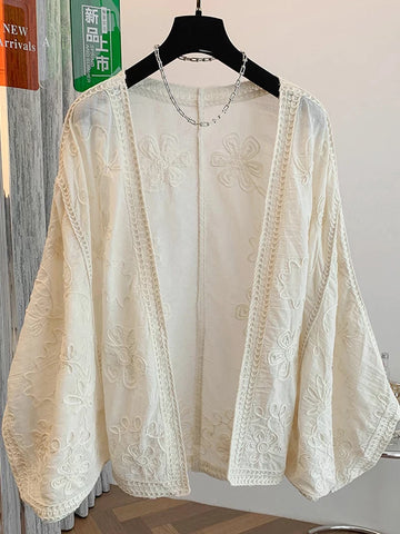 Áo Khoác Cardigan Cotton Thêu Tay Bồng Dáng Dài – Chống Nắng Freesize, Hè 2026