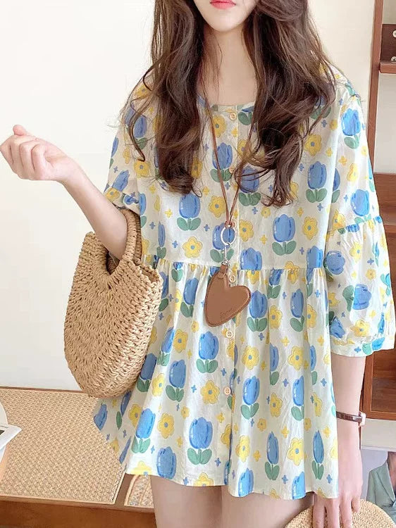 Áo Babydoll Cổ Tròn Tay Bồng Chấm Bi Hoa – Dáng Rộng Ngọt Ngào Hàn Quốc, Hè 2026