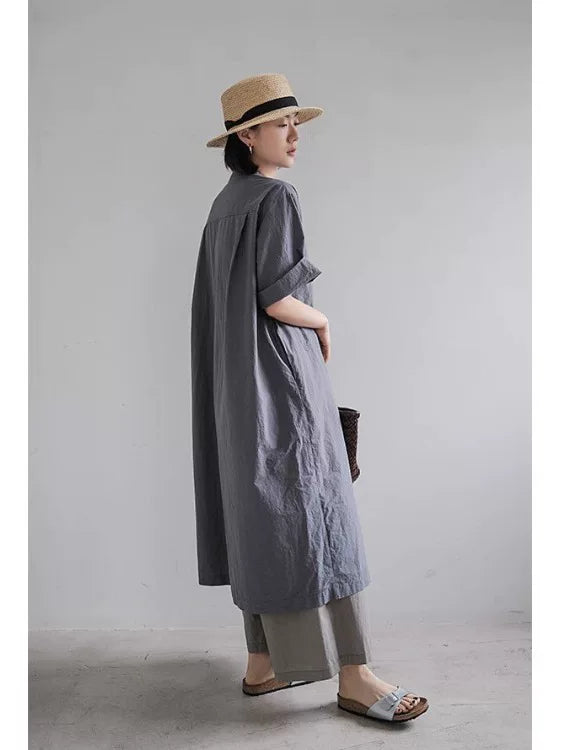 Đầm Sơ Mi Cotton Linen Dáng Dài Túi Hộp – Tay Ngắn Dáng Rộng, Hè 2026