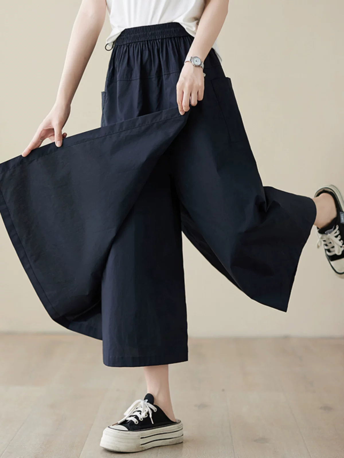 Chân Váy Quần Cotton Linen Workwear Cạp Cao Rút Dây – Dáng Xòe Chữ A, Hè 2026
