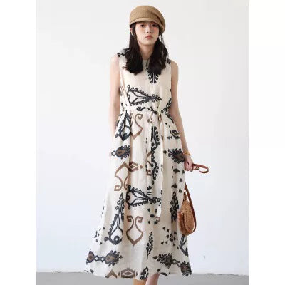 Đầm Sát Nách Cotton Linen In Hoa Thắt Eo – Dáng Xòe Đi Biển, Hè 2026