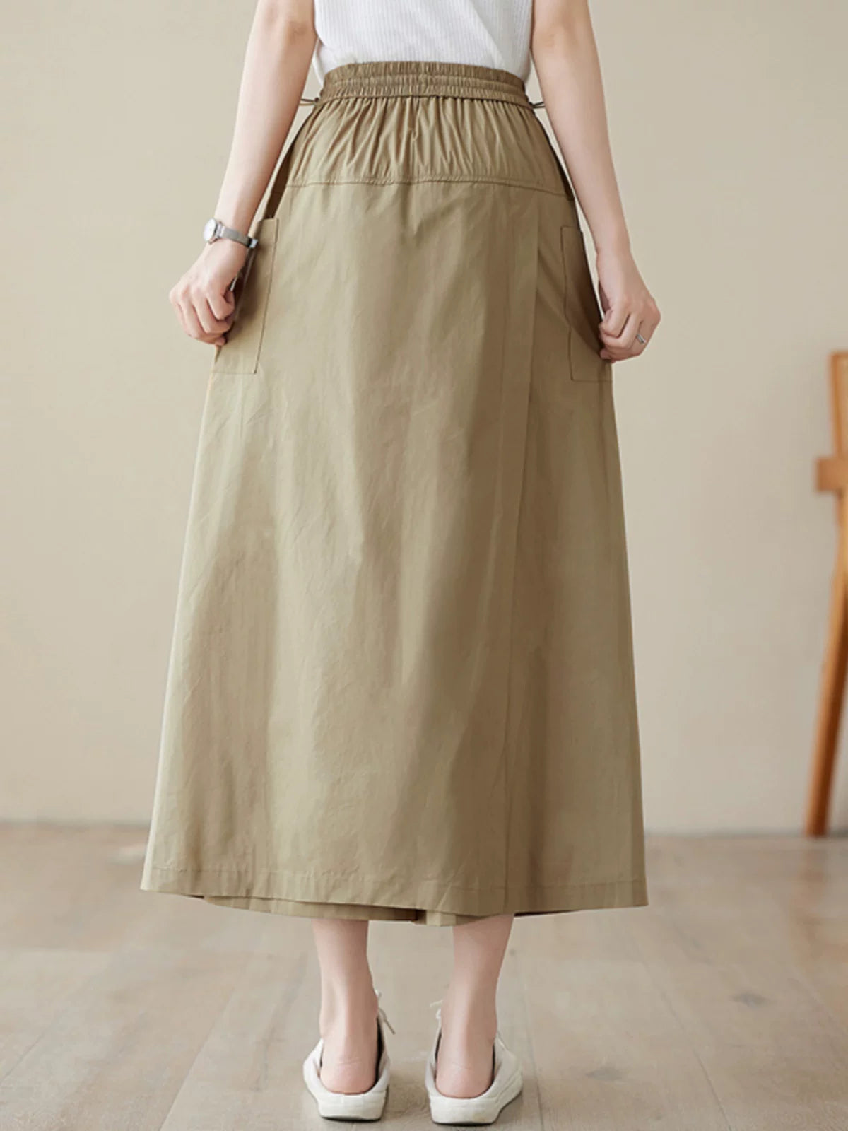 Chân Váy Quần Cotton Linen Workwear Cạp Cao Rút Dây – Dáng Xòe Chữ A, Hè 2026