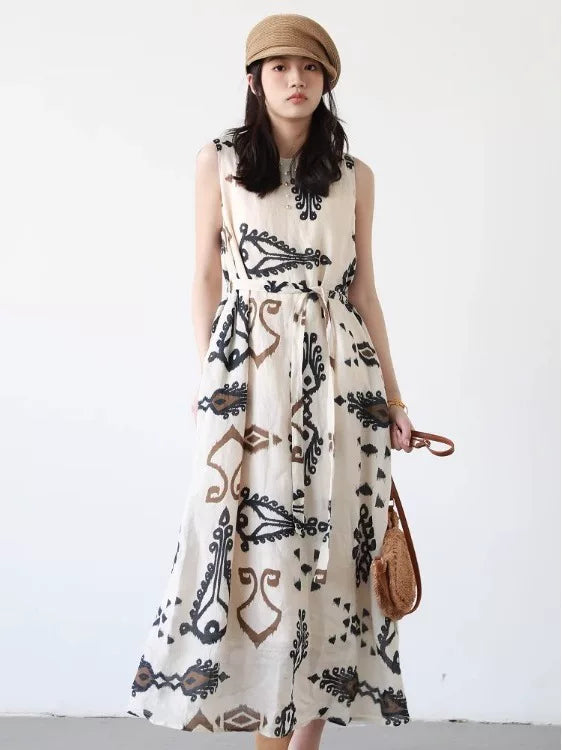 Đầm Sát Nách Cotton Linen In Hoa Thắt Eo – Dáng Xòe Đi Biển, Hè 2026