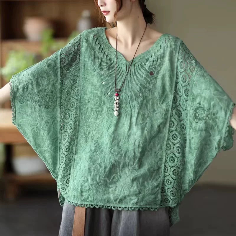 Áo Khoác Móc Hoa Cotton Tay Dơi – Dáng Rộng Thoáng Mát Freesize, Hè 2026