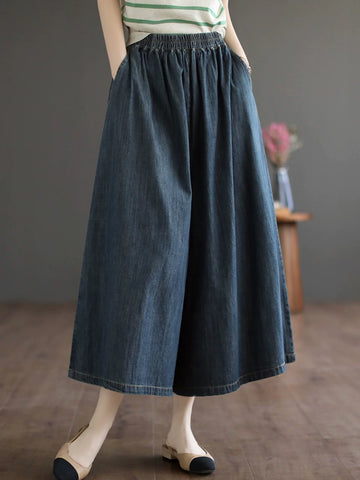Quần Váy Jean Culottes Cạp Chun Ống Rộng – Retro Bigsize Tôn Dáng, Hè 2026