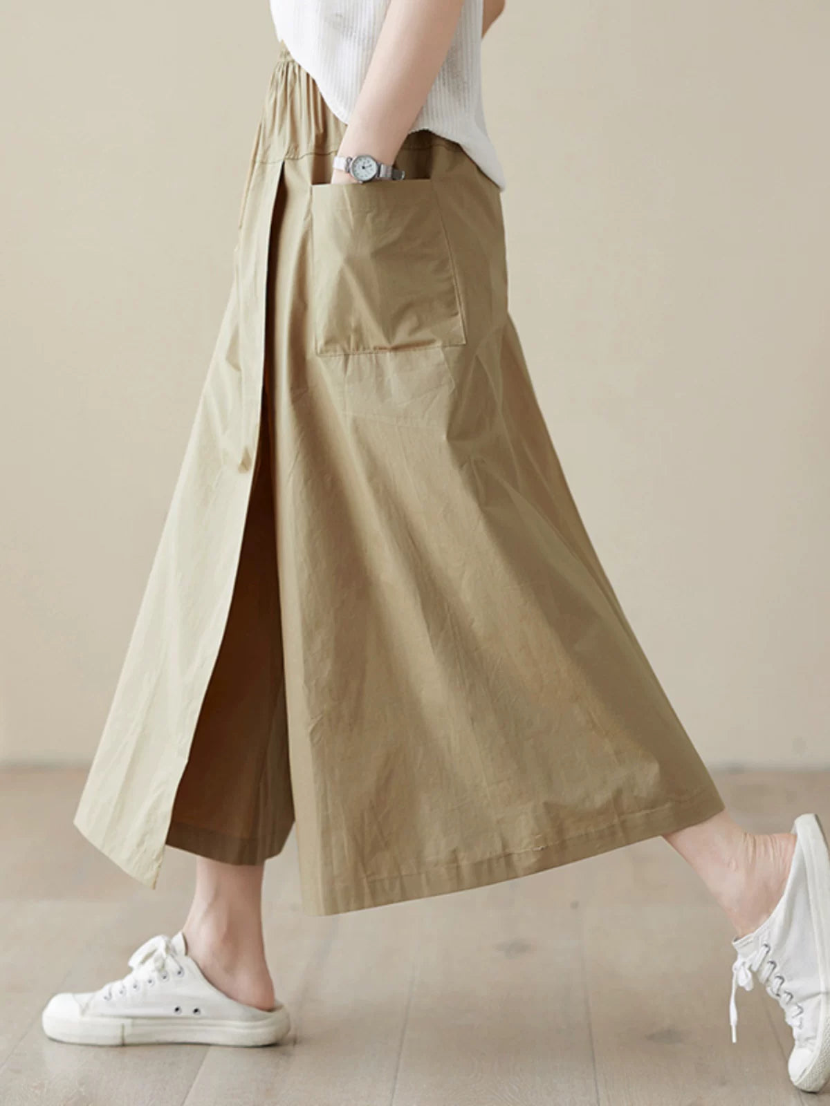 Chân Váy Quần Cotton Linen Workwear Cạp Cao Rút Dây – Dáng Xòe Chữ A, Hè 2026