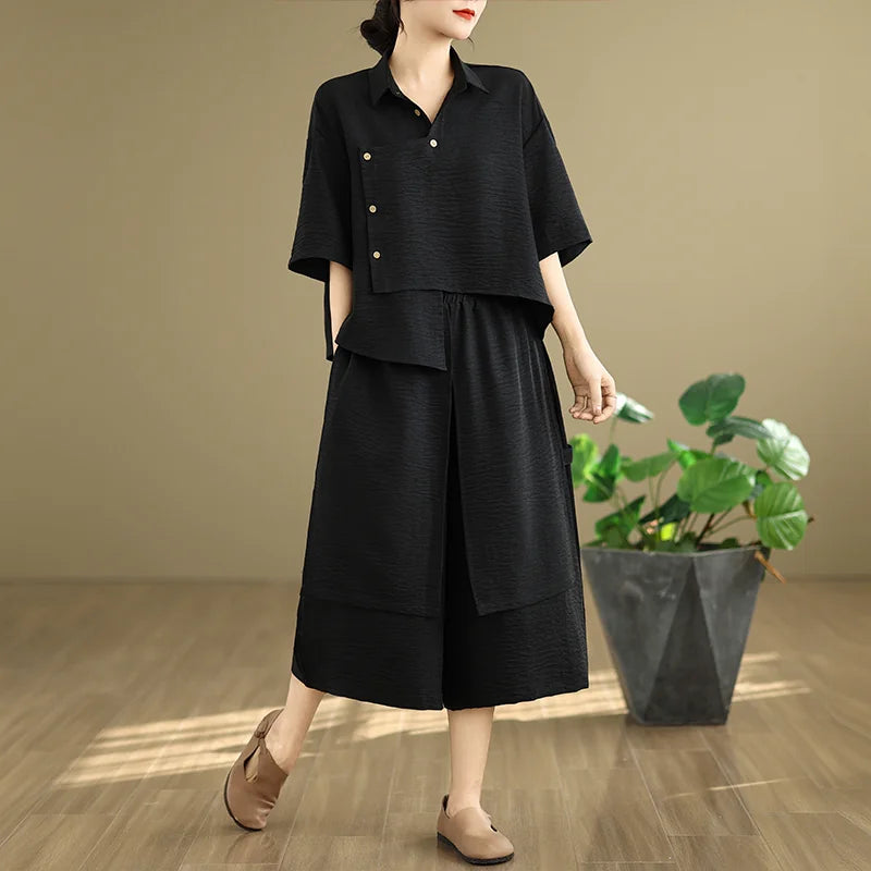 Set 2 Món Áo Bất Đối Xứng + Quần Ống Rộng Cạp Chun – Nghệ Thuật, Hè 2026