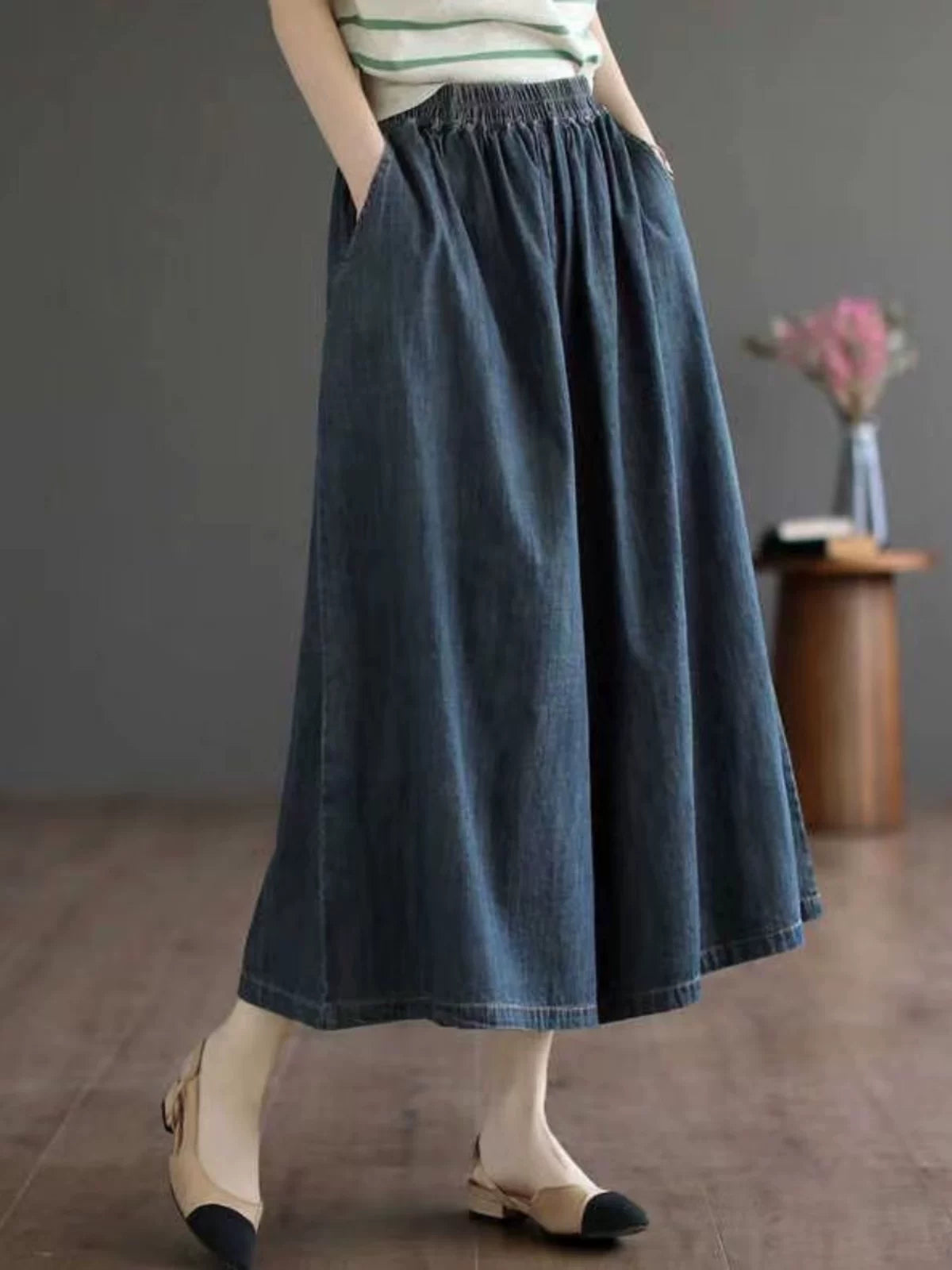 Quần Váy Jean Culottes Cạp Chun Ống Rộng – Retro Bigsize Tôn Dáng, Hè 2026