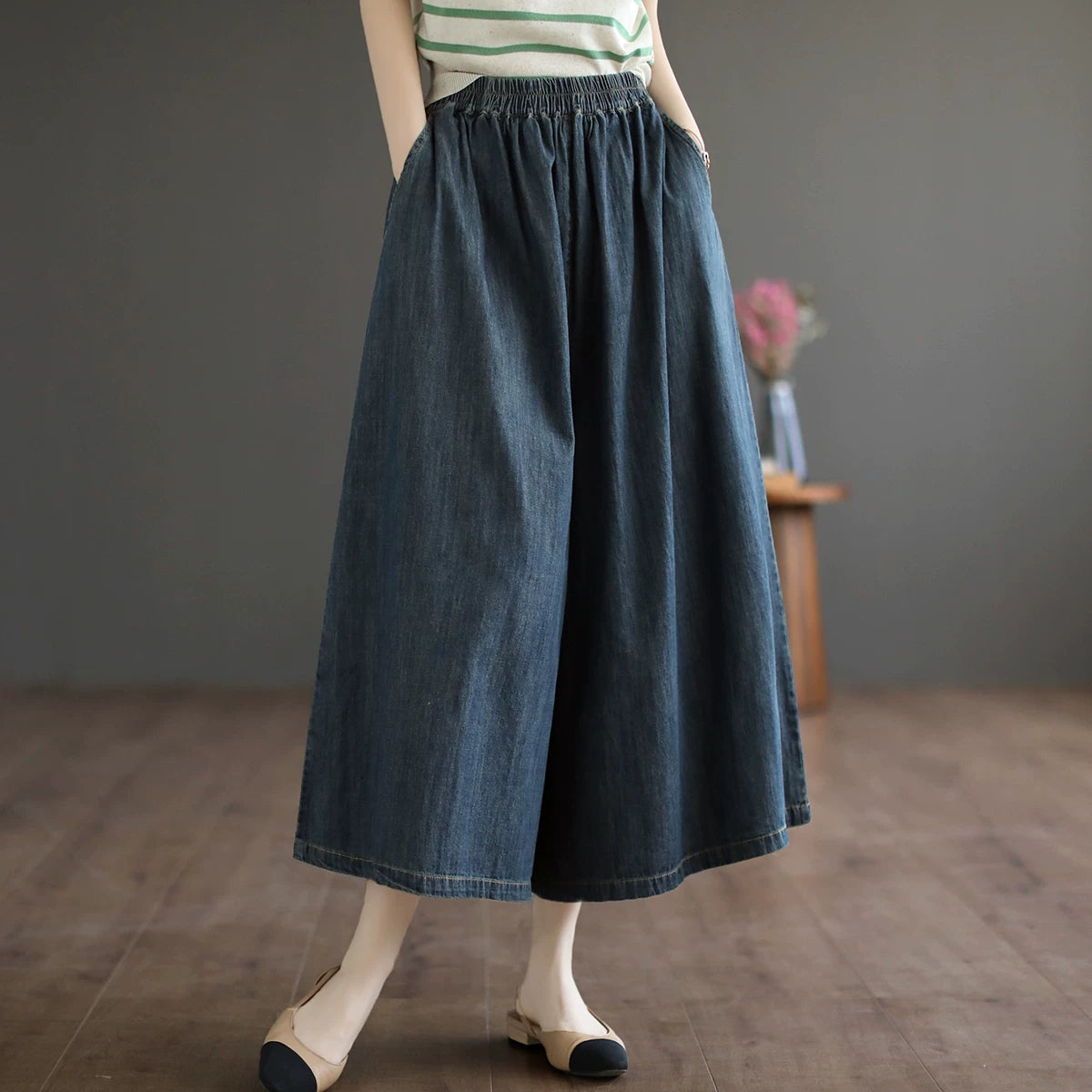 Quần Váy Jean Culottes Cạp Chun Ống Rộng – Retro Bigsize Tôn Dáng, Hè 2026