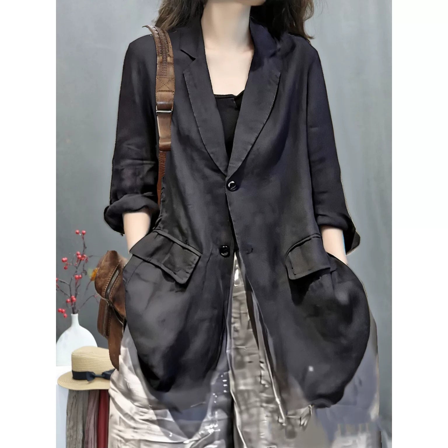 Áo Blazer Vest Lanh Đen Dáng Dài Rộng – Phong Cách Châu Âu, Hè 2026