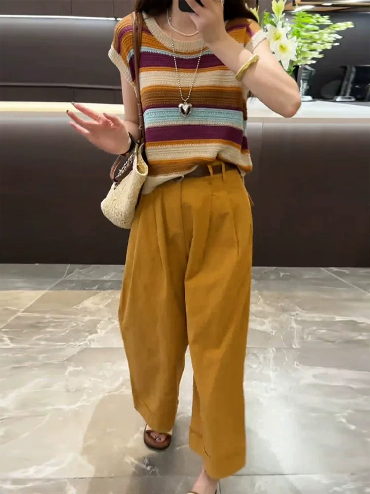 배색 스트라이프 티셔츠 + 캐주얼 팬츠 세트 - 캐주얼 스타일, 2026년 여름