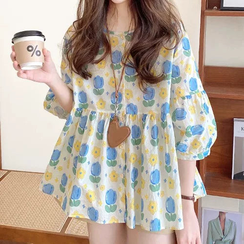 Áo Babydoll Cổ Tròn Tay Bồng Chấm Bi Hoa – Dáng Rộng Ngọt Ngào Hàn Quốc, Hè 2026