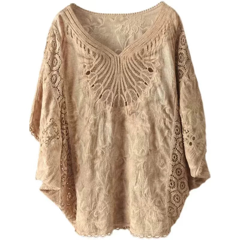 Áo Khoác Móc Hoa Cotton Tay Dơi – Dáng Rộng Thoáng Mát Freesize, Hè 2026