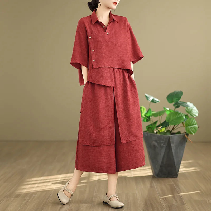 Set 2 Món Áo Bất Đối Xứng + Quần Ống Rộng Cạp Chun – Nghệ Thuật, Hè 2026