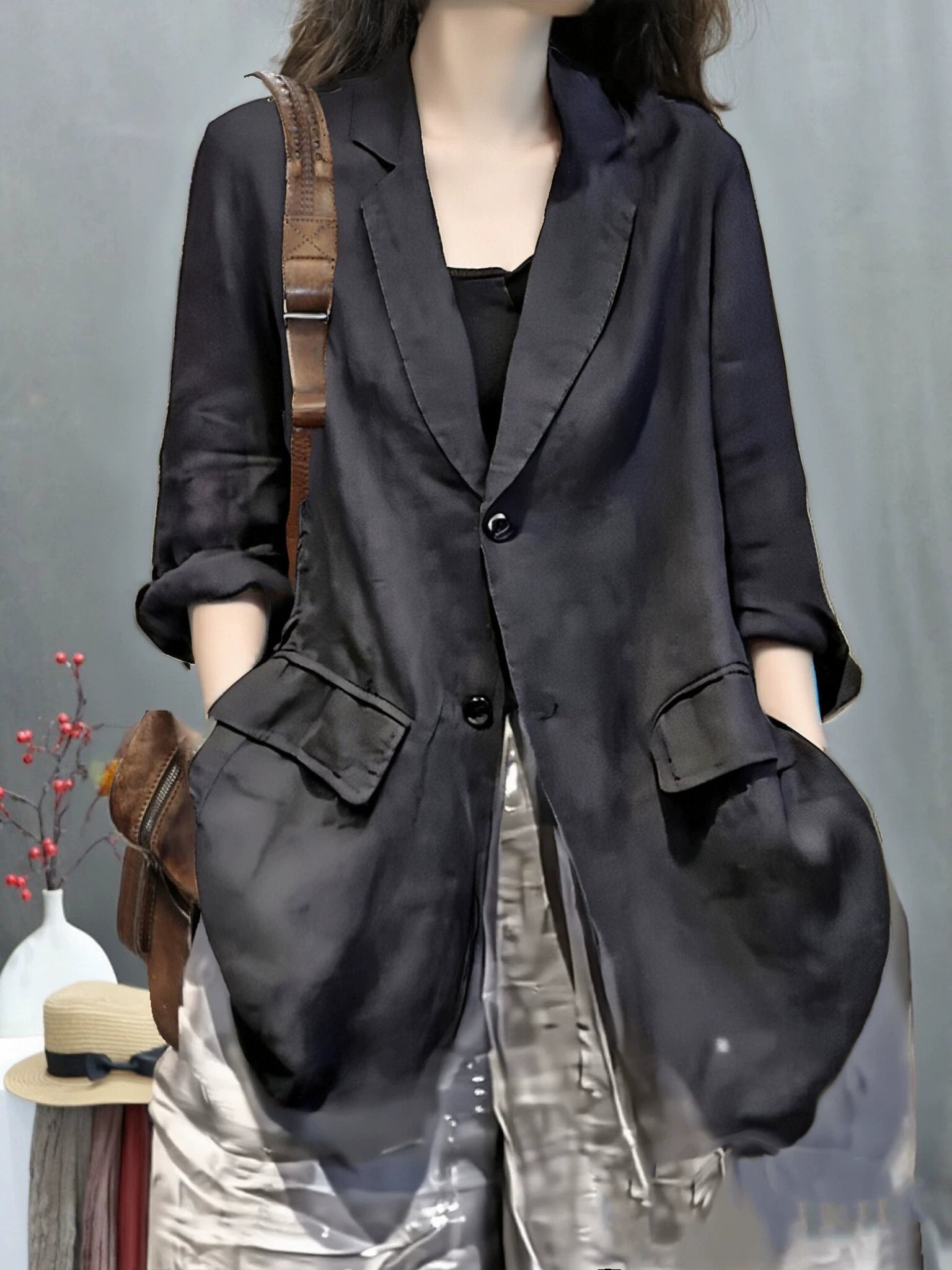 Áo Blazer Vest Lanh Đen Dáng Dài Rộng – Phong Cách Châu Âu, Hè 2026